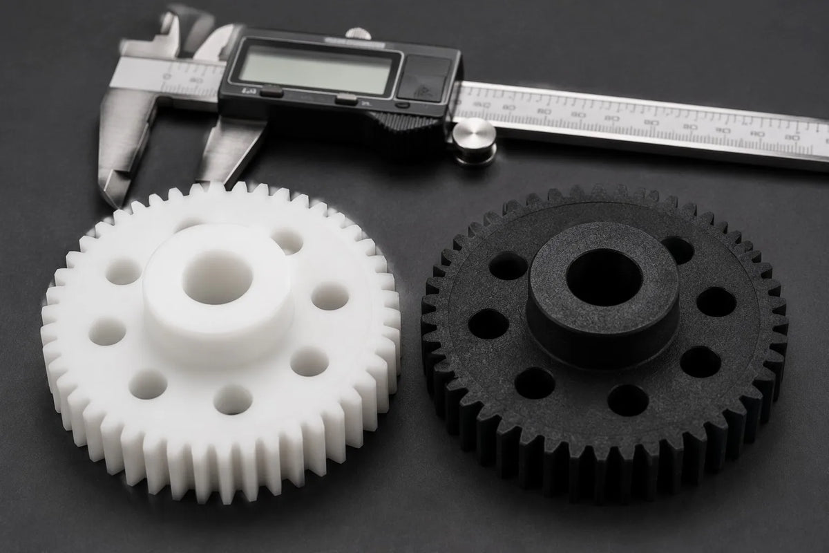 CNC-machined POM and Nylon robot gears side by side