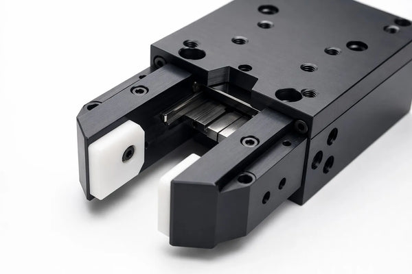 Alloyer CNC machined 7075-T6 aluminum parallel jaw gripper with POM fingertip inserts